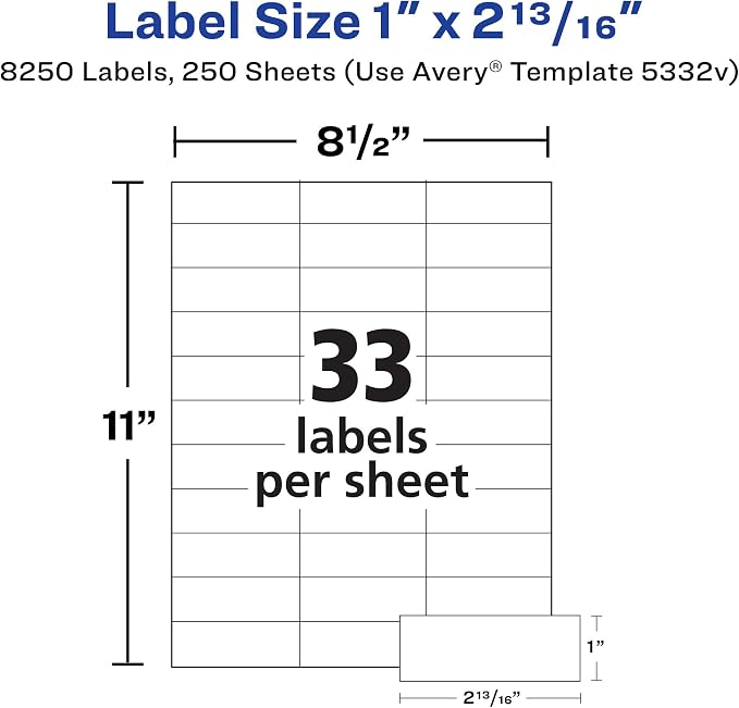 Avery Address Labels for Copiers, 1" x 2-13/16", 8,250 White Labels (5332)