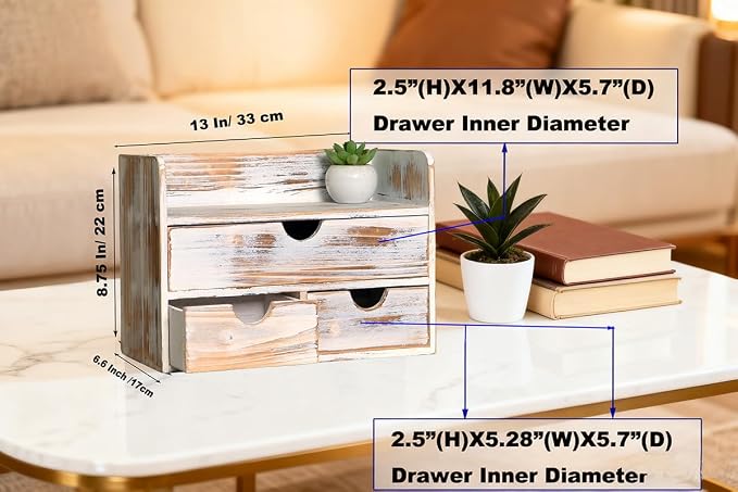 Vintage Rustic Brown Wooden 3 Drawer with Shelf Office Desk Organizer & Mail Rack For Desktop,Box for Office Home Toiletries Supplies Vanity, No Assembly Required (Rusitc White)