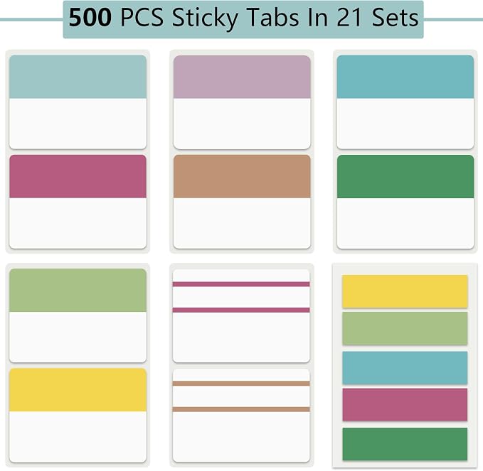 ELII 500 PCS Sticky Index Tabs 21 Sets, Colorful Book Tabs for Notebooks | Sticky Tabs,Page Tabs, Page Markers ,Self Adhesive,Index Labels,Safety Material, Smooth Writing,Transparent,Repositionable