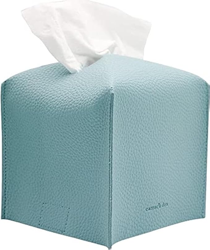 Tissue Box Cover Holder, Square with Bottom Belt by Carrot's Den - PU Leather Decorative Organizer for Tabletop, Bathroom, Car, Office (Light Blue)