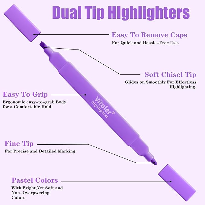 Vitoler Highlighters Assorted Colors, 8 Pack Dual Tip Pastel Highlighters | Non-Toxic, Quick-Drying Ink, Soft Tip, Fine & Chisel, for Teachers, Nurses, Office, School, Bible Study, Journaling