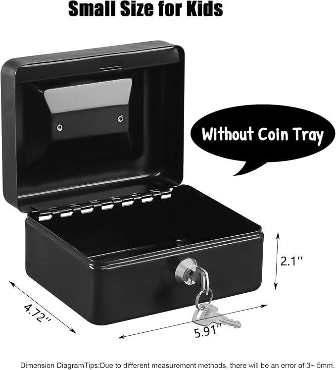 KYODOLED Small Cash Box with Removable Money Tray, Key Lock Metal Storage Box with 2 Keys & Portable Handle, Safe Cash Drawer, 5.91"x 4.72"x 3.15", Black