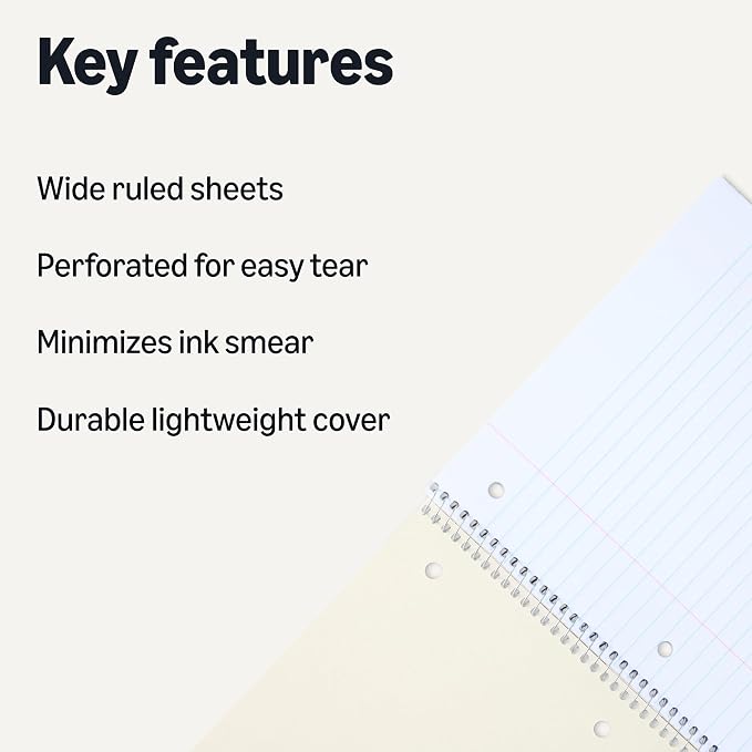 Amazon Basics Wide Ruled Spiral Notebooks, 8" x 10-1/2", 70 Sheets, Assorted Pastel Solid Colors, 5 Pack