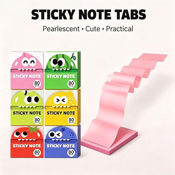 Cute Fruit Monster Pop Up Sticky Notes, Transparent Pull Out Sticky Notes, Translucent Sticky Notes Index Tabs Fun Clear Note, 80 Sheets Per Box, for Office, School，12 Boxes