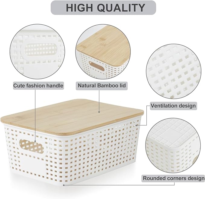 Bagnizer Small Plastic Storage Bins with Bamboo Lids 5.2qt Stackable Box Basket Pantry Decorative Containers Cute with Labels for Organizing Desktop Closet Office Cream White of 6 packs 10*7.2*4.1"