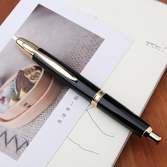 erofa Majohn A1 Press Fountain Pen Fine Nib with Box, Retractable Black Metal Ink Pen with Converter Writing Set (Golden Clip Version)