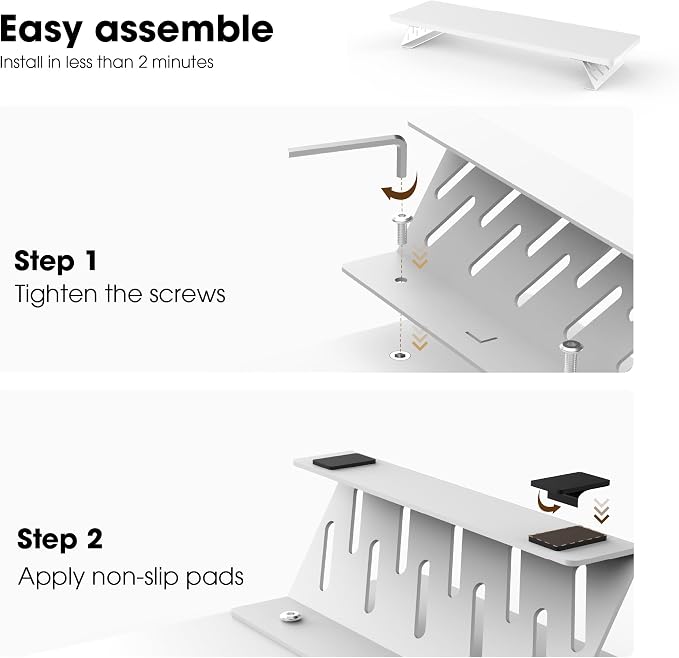 Fenge Monitor Stand Riser, Wooden & Metal Desk Shelf Organizer, White | 42.5 Inch Dual Monitor Riser for 2 Monitors, Multifunctional Monitor Shelf for Laptop, PC, Printer