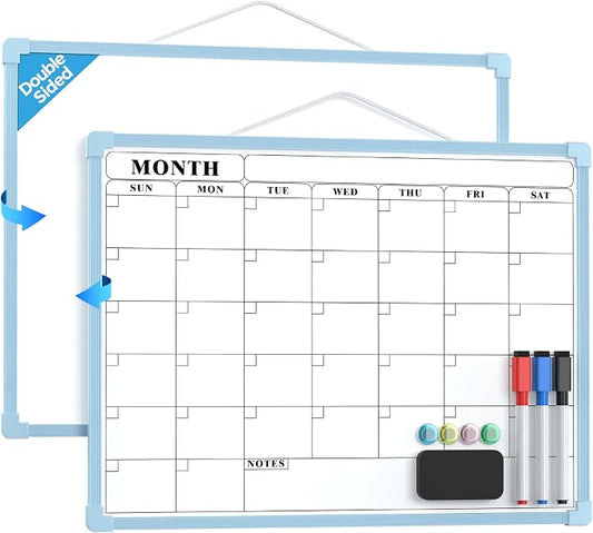 MaxGear Monthly Calendar Dry Erase Board for Wall, 16"x12", Blue Frame | Double-Sided, Hanging Small White Board, Portable Whiteboard for Planning, Drawing, Memo, to Do List, Home, Kitchen, Office