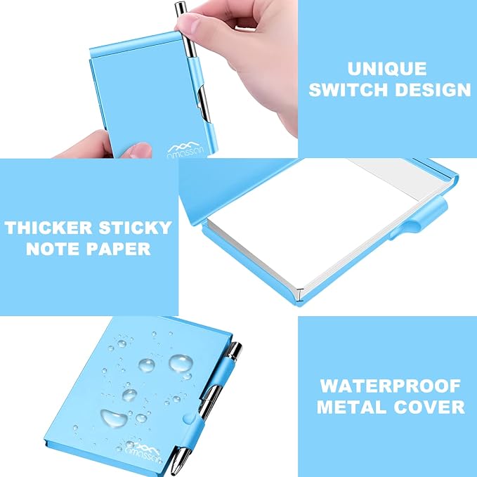 amassan Metal Pocket Notebook, Small Pocket Notepad Aluminum Note Case with Mini Metal Pen and 60-Page Sheets (Blue)