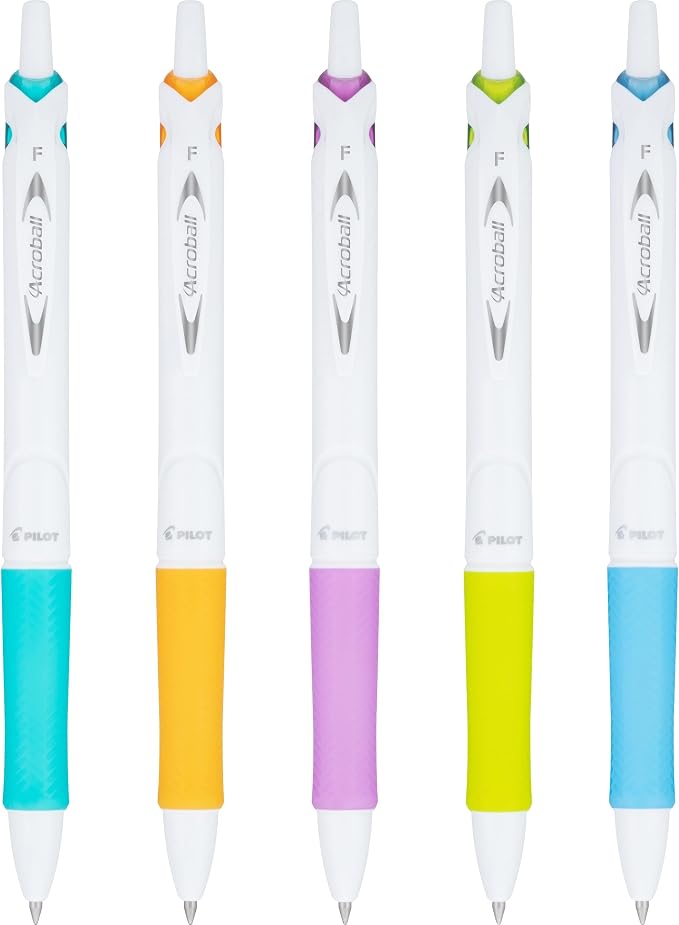 Pilot Acroball PureWhite Advanced Ink Refillable & Retractable Ball Point Pens with Assorted Accents, Fine Point, Ballpoint Pens, Black Ink, 0.7mm, 5-Pack