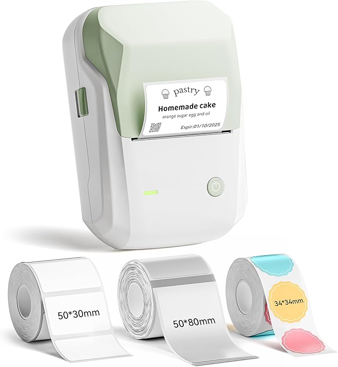 NIIMBOT B1 Label Maker Machine with 3 Tapes, 50x30mm White/34×34mm ColorfulB/50x80mm Clear, Bluetooth Thermal Label Printer for Small Business,Office,Home,School (Green, 1 Printer+3 Roll Label)