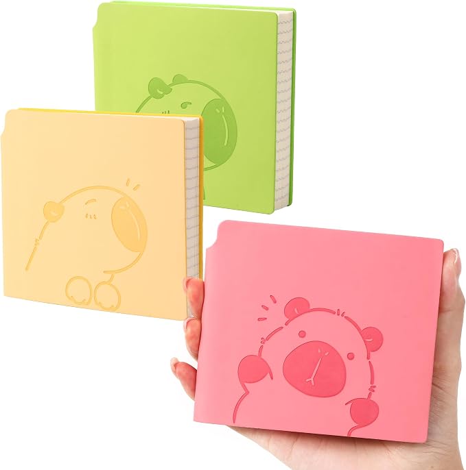 BOBO RABBIT 3 Pack Mini lined Notebooks Pocket Size Journal 200 Pages Small Softcover Leather Cartoon Capybara Cute Journal for Student Note Taking Writing Lay Flat, 3.9"x3.9" Inner(Mini Square)