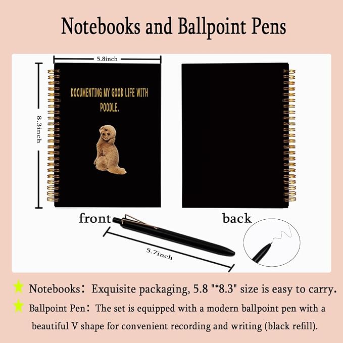 Poodle Gifts for Dog Lovers - Cute Poodle Mom Spiral Notebook & Pen Set, Poodle Themed A5 Journal for Work School, Pet Lover Appreciation Gift, 80 Sheets College Ruled, Black & Gold