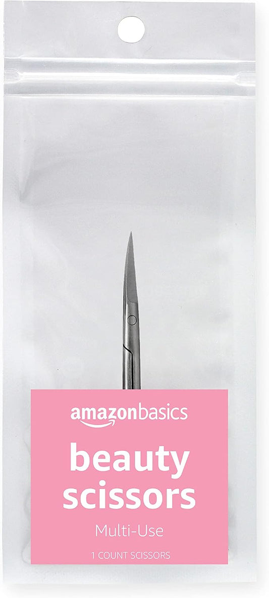 Amazon Basics Beauty Scissors, Stainless Steel, Curved Precision Cutting, Multipurpose Grooming Tool, Easy to Use, Silver