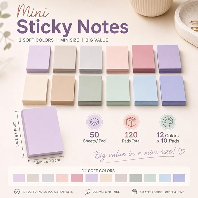 Fainne 120 Pads Sticky Notes Bulk 1.5 x 2 Inch Mini Self Stick Note Small Assorted Bright Colors Paper Memo for Office School Notebook Supplies 50 Sheets/pad (Simple Style,Soft Color)