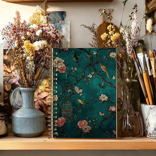 Dark Teal Chinoiserie Floral Bird Spiral Notebook for Work Study, Vintage Oriental Traditional Nature Botanical Notebook Journal for Women Note Taking, 5.5x8.3 Inch