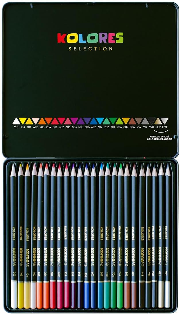Kores - Kolores Selection: 24 Coloured Pencils for Adults & Artists, FSC wood with Soft Lead, Triangular Shape, Premium Arts and Hobby Supplies, Set of 24 Assorted Colours in metal case
