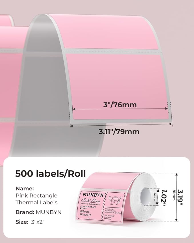 MUNBYN 3x2 Thermal Labels, 500 Sheets/1 Roll, Pink | Strong Adhesive & Perforated, Non BPA&BPS for Small Business, Shipping, Bakery, Barcode, Price Tag