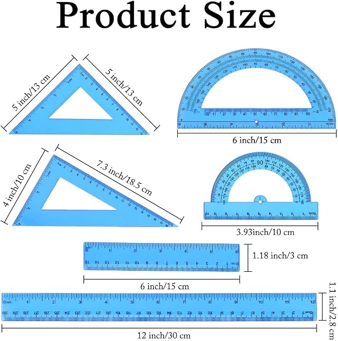 Plastic Clear Ruler Math Set, 6" | 12" Straight Ruler Protractor, 2 Protractors 180 Degree 2 Triangle Rulers 45 | 60 Degree 2 Straight Rulers Measuring Tool for School Office Home Supplie,Blue