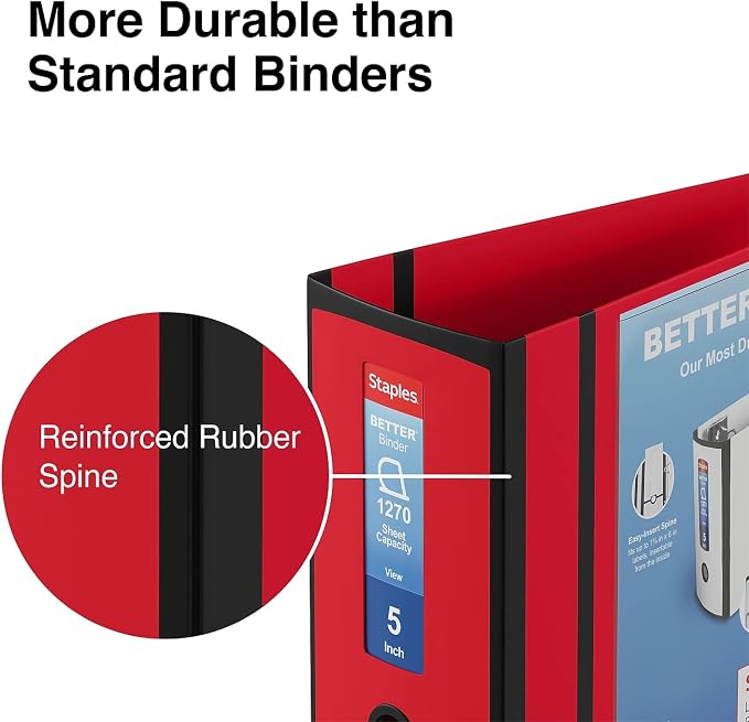 Staples Better Binder, 5" Extra‑Capacity Heavy‑Duty D‑Ring Binder, Red, Reinforced Spine, Holds 1,050 Sheets, High‑Capacity Office & Records Organizer, 2‑Pack