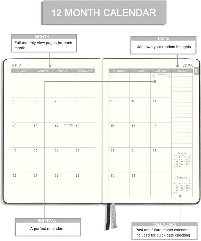 2026-2027 Planner - 5.75" X 8.25", JUL. 2026 - JUN. 2027, 2026-2027 Weekly & Monthly Planner with Calendar Stickers, Premium Thicker Paper, Pen Holder, Inner Pocket and 44 Notes Pages - Gray