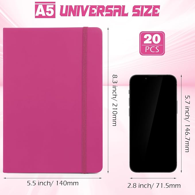 Honoson 20 Pack A5 Lined Journal Notebooks Hardcover Executive Notebook 5.5" x 8.3" PU Leather Wide Ruled Journals Bulk 160 Pages for Back to School Supplies Office Business Home (Rose Red)