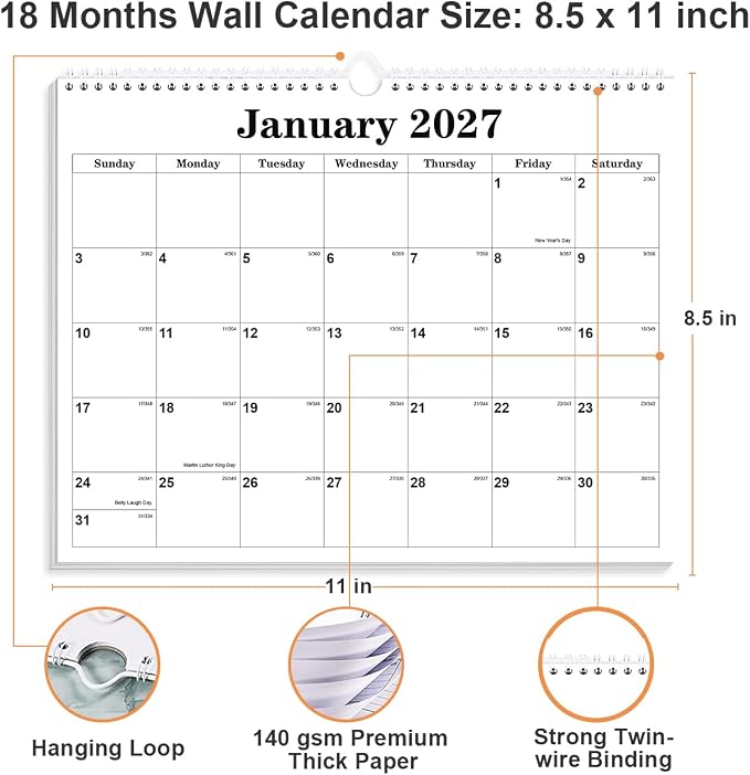Calendar 2026-27 - Calendar 2026-2027 from July 2026 to December 2027, Spiral Binding Hanging Wall Calendar 2026 for Home/Office, 8.5" x 11", Black