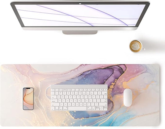 Colorful Star Waterproof Blue Purple Marble Desk Pad, 31.5" x 11.8" | PU Leather Desk Mat Large Keyboard and Gaming Mouse Pads for Office, Non-Slip Writing Pad Desk Accessories for Women Men