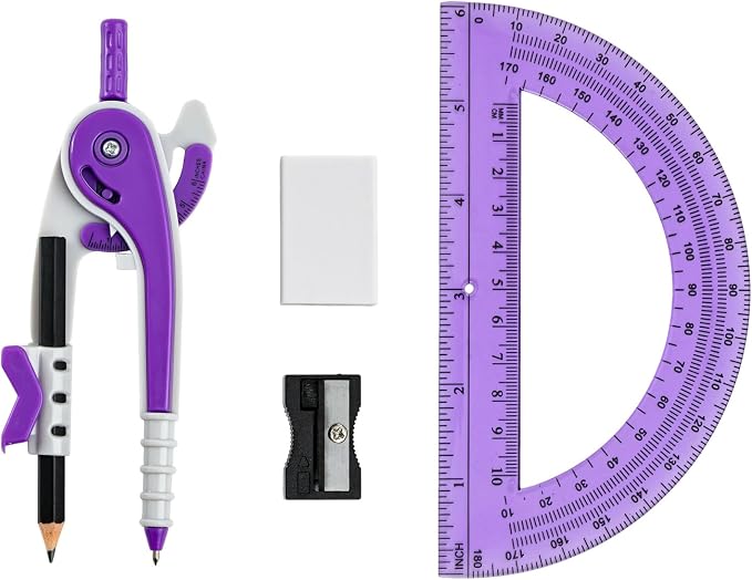Vobou Compass for Geometry Set, 6 Inch Protractor, Clear Plastic (Purple) | 6 Inch Compass, Sharpener and Eraser, Easy Grip, Drafting Tool for Scool, Art, Drawing Precision Design for Math