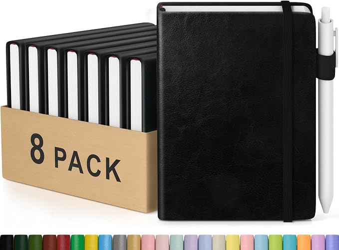 Pocket Small Notebook Journals, 8 Pack (Midnight Black) Mini Notebook 3.7x5.7 Journaling Notebooks for Women Men, Hardcover Lined Note Pads with Pens for Work, Business, Travel Journal, Office Supplies