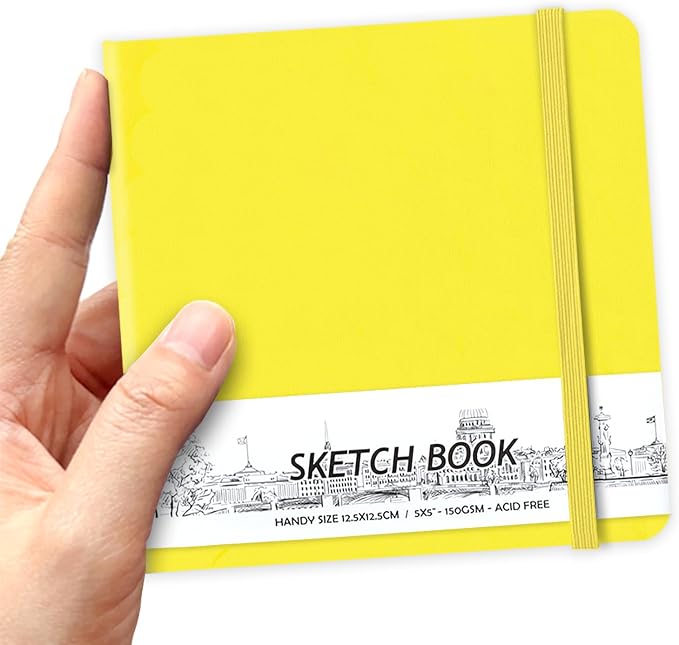 5" x 5" Hardcover Sketch Book,58 Sheets Small Mixed Media Pocket Sketch Pad | PU Cover,150 GSM Acid Free Artist Drawing Paper,Travel Journal Blank Notebook for Adults Sketching,Illustration.Bright Yellow