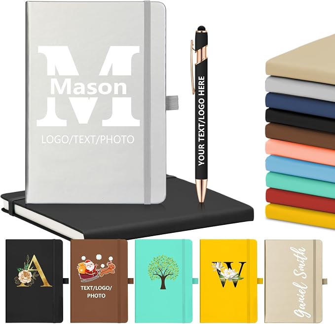 ENOMY Personalized Notebook & 10 PC Pens Gift Set Custom Notebook Journal A5 200 Pages A5 Lined Journal for Men Women Hardcover Notebooks for Work College Graduation Gifts, Silver