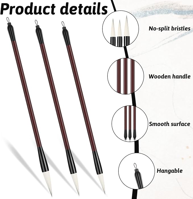 3 Pcs Calligraphy Brush Pens Chinese Sumi Maobi Traditional Wooden Calligraphy Brushes Kanji Art Brushes for Beginner Kanji Ink Painting (3 Sizes, White Brush)