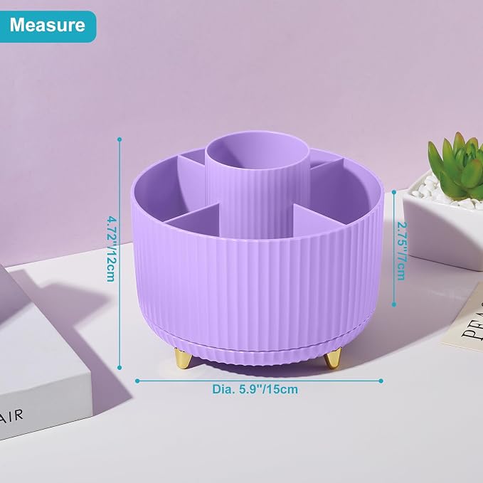 360 Rotating Plastic Desk Pen Organizer with 5 Slots, Dual-Purpose Art Supply Pencil Cup for Office, School, Home Light Purple