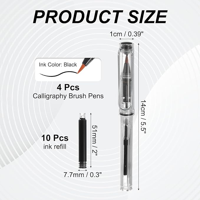 PATIKIL 4Pcs Calligraphy Brush Pens, Fountain Ink Brush Pen Refillable with 10Pcs Ink Refill for Writing Lettering Drawing Chinese Japanese Signature, Transparent