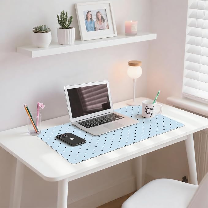 Black Polka Dot Leather Desk Mat Extended Gaming Mouse Pad | Non-slip Large Writing Pad Laptop Blotter Computer Keyboard Mat | Cute Blue Desk Protector for Home Office 27.6" x 13.8"