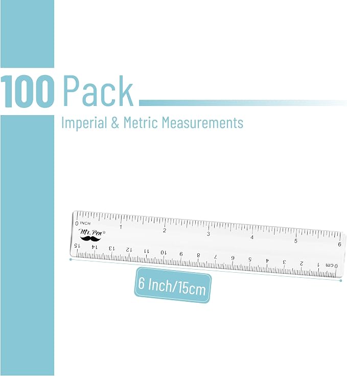 Mr. Pen- Bulk Plastic Rulers, 6 Inch, 100 Pack, Easy-to-Read Markings | Scratch-Resistant Design, Durable Clear Ruler for Crafting Office & School, School Supplies, Bulk Rulers Set, Measuring Tools