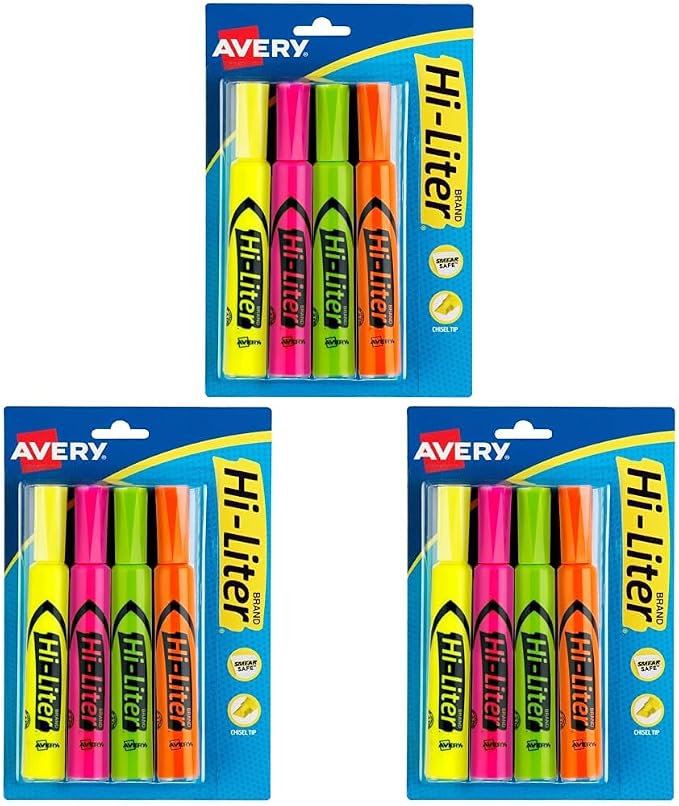 AVERY Hi-Liter Desk-Style Highlighters, Smear Safe Ink, Chisel Tip, 4 Assorted Color Highlighters (24063), (Pack of 3)