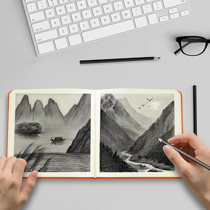 5x5" Pocket Sketch Book,80gsm Hardcover Art Sketchbook for Drawing Journal | PU Cover,Blank Paper,96Sheets/192Pages,Lay-Flat,Portable Travel Creation Paint Diary Memo Planner,Dry Media.Orange