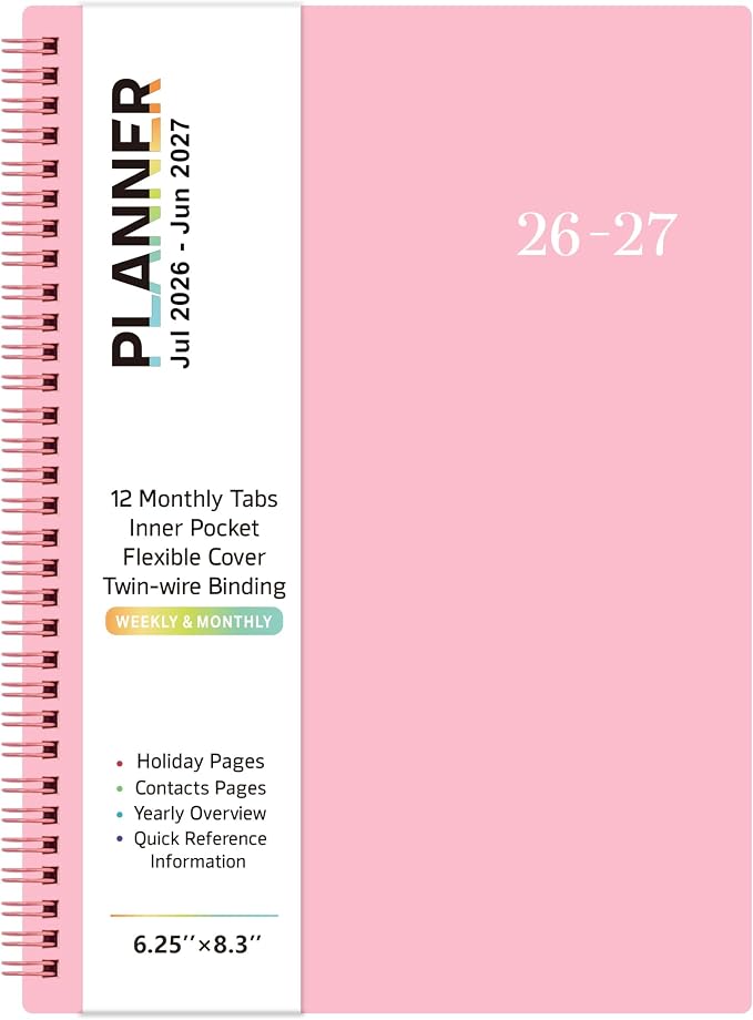 Planner 2026-2027, Jul. 2026 - Jun. 2027, 6.25" x 8.3" | Flexible Cover, A5 Thick Paper, Twin-Wire Binding, 2026-2027 planner weekly and monthly with 12 Month Tabs, Pink