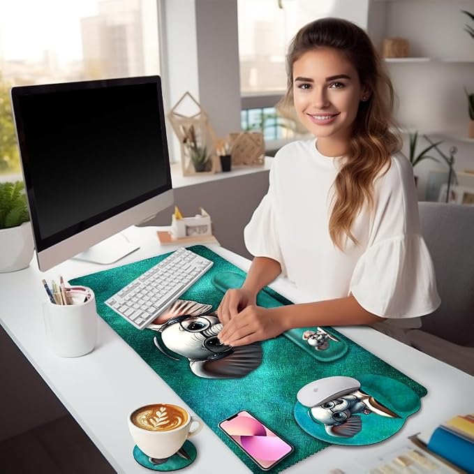 LIMKRIAN Large Desk Mat Set, Mouse Pad with Wrist Rest, Cute Elephant | Ergonomic Wrist Support Keyboard Mat, Coaster, Gaming Mouse Pad, Home Office Desk Accessories Decor Supplies for Women Gifts