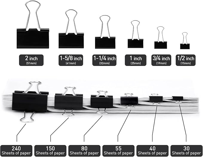 Binder Clips, 36 Pack, 1 Inch 25mm Black Metal Fold Clamps, Capacity 0.47 Inch, Heavy Duty Paper Clip for Sorting, Invoice Binding, Office School Household Daily Use