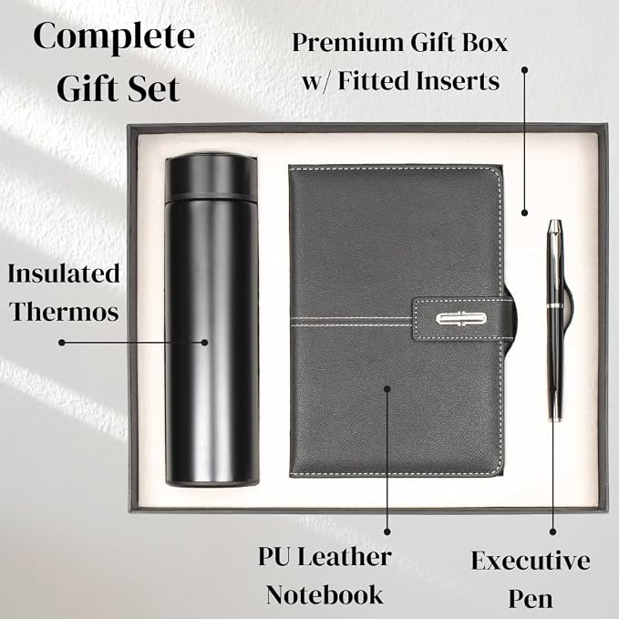 Shadow Breeze A5 Leather Notebook, Insulated Thermos and Executive Pen Gift Set in Premium Gift Box, 172 Pages 100GSM Ruled Pages, 12 oz, Great Gift for Business, School, Home (Black)