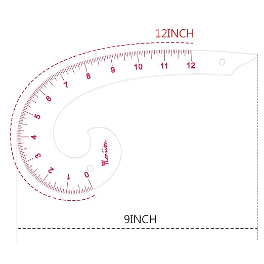 YLaziion 12inch 3mm Acrylic French Curve Ruler for Pattern Making- Clear Comma Shape Pattern Drafting Tool with Enlarged Scales | Non-Yellowing, Vary Form Curve for Sewing & Fashion Design & Quilting
