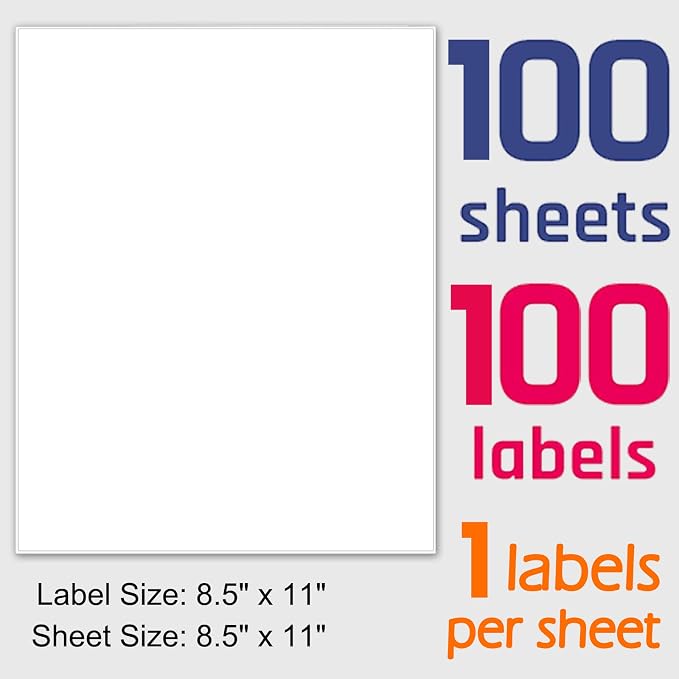 Printable White Sticker Labels, 100 Sheets 8.5" x 11" Full Sheet Label Stickers Paper for Laser & Inkjet Printer - Matte, 100 Labels | Printable White Sticker Labels - Matte, 100 Sheets 100 Labels