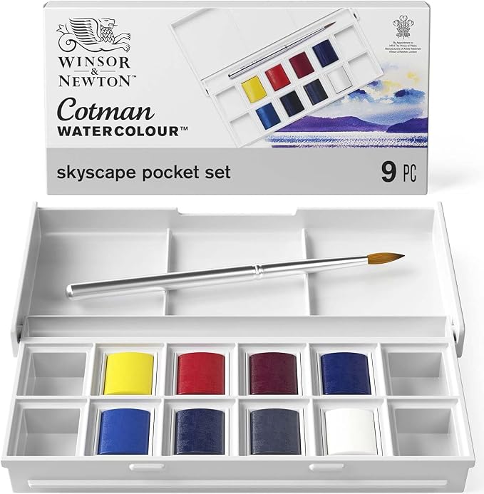 Winsor & Newton Cotman Watercolor Paint Set, 8 Half Pan, Sky Colors w/ Brush