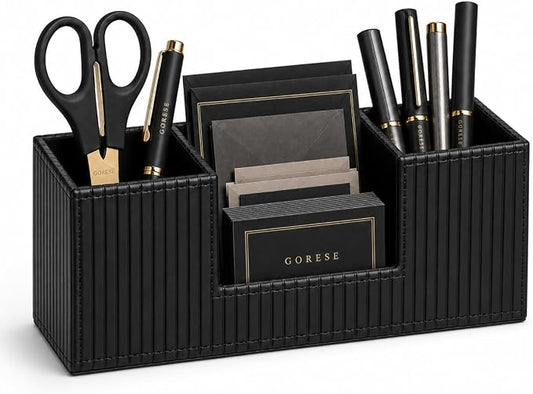 GORESE Pen Holder for Desk, PU Leather Desk Organizer for Office, Black | 4-Compartment, Vegan Leather, Office Supplies, Desk Caddy Nightstand Organizer for Pen, Pencil, Remote Control, Business Card