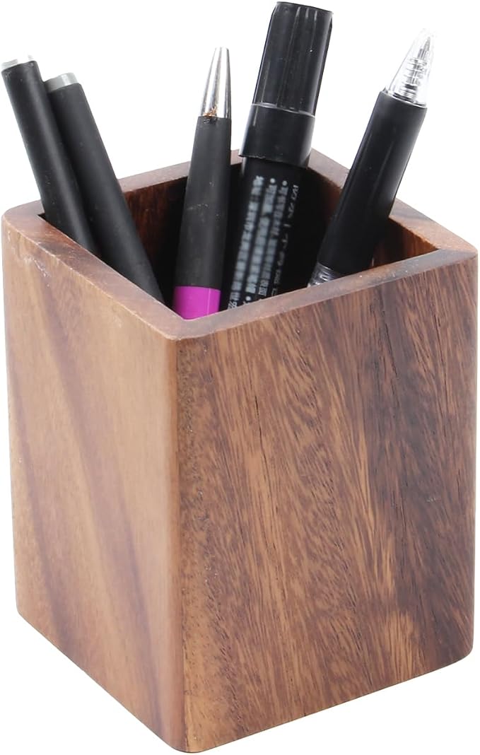 Walnut Wooden Pencil Holder Cup for Desk Natural Wood Pen Holder Stand for Office Home (Square)