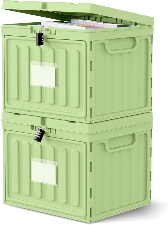 Oterri Lockable Plastic File Box with Lid for Letter-Size | Hanging File Folders Not Included. Green, Large 2-Pack. Home, Office, Classroom, Dorm, Tax, Under Bed, Filing Cabinet.