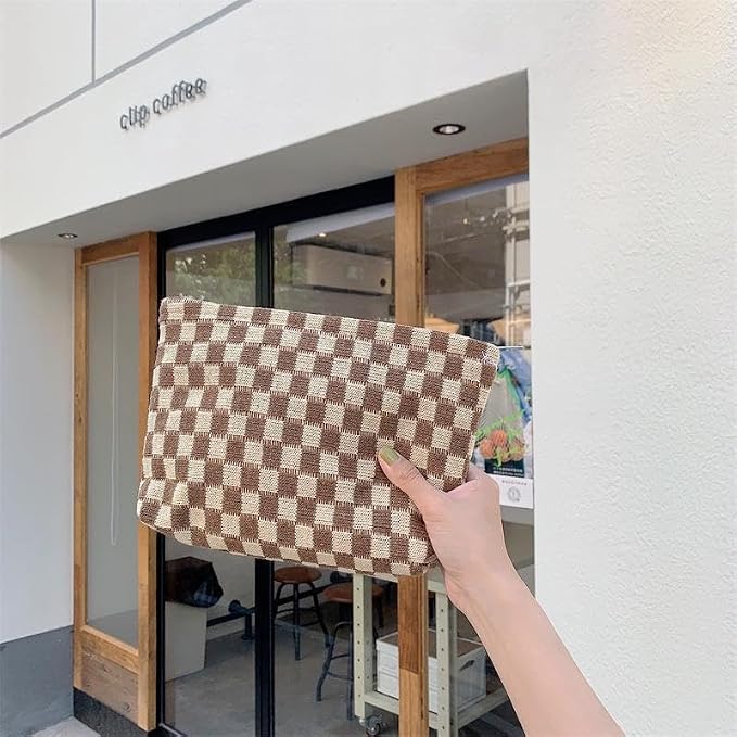 PAZIMIIK Checkered Makeup Bag for Purse, Small Flat Cosmetic Pouch,Coffee | Cute Zipper Makeup Organizer for Women, Travel Essentials, Toiletries, Makeup Brushes, Beauty Accessories&Bridesmaid Gifts